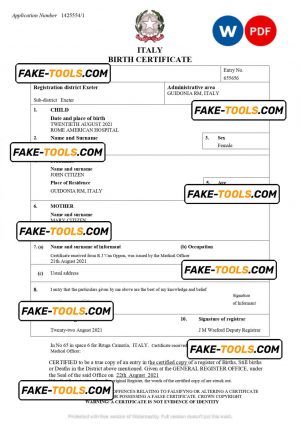 Italy birth certificate Word and PDF template, completely editable