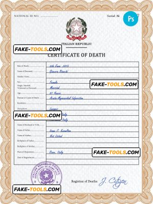 Italy vital record death certificate PSD template, fully editable
