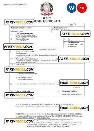 Italy vital record death certificate Word and PDF template
