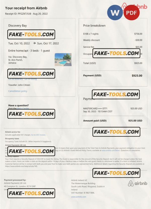 Jamaica Airbnb booking confirmation Word and PDF template scan effect