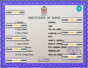 Jamaica vital record birth certificate PSD template, fully editable