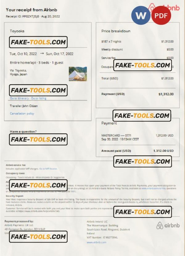 Japan Airbnb booking confirmation Word and PDF template scan effect