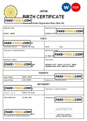 Japan birth certificate Word and PDF template, completely editable