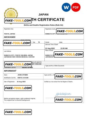 Japan death certificate Word and PDF template, completely editable