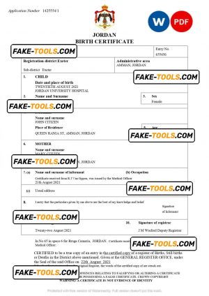 Jordan birth certificate Word and PDF template, completely editable