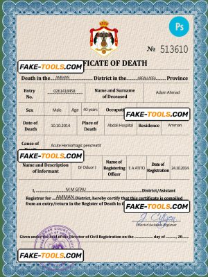 Jordan vital record death certificate PSD template, completely editable