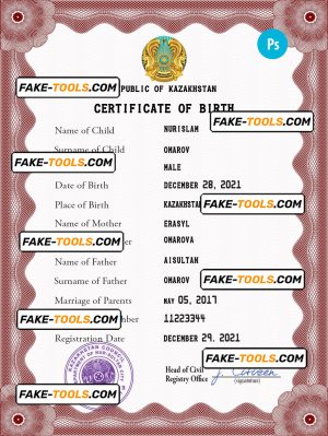 Kazakhstan birth certificate PSD template, completely editable