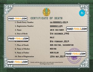 Kazakhstan death certificate PSD template, completely editable