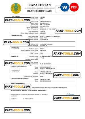 Kazakhstan death certificate Word and PDF template, completely editable
