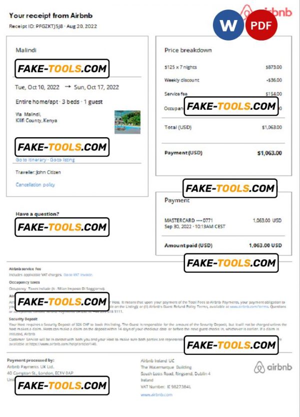 Kenya Airbnb booking confirmation Word and PDF template