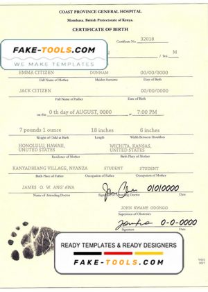 Kenya birth certificate template in PSD format, fully editable