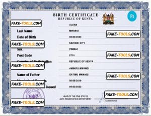 Kenya vital record birth certificate PSD template, fully editable