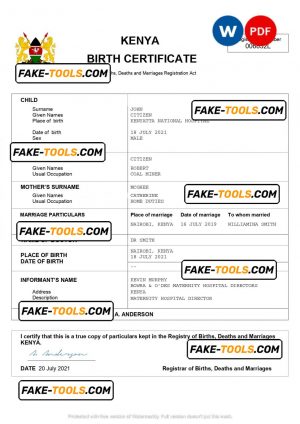 Kenya vital record birth certificate Word and PDF template, completely editable