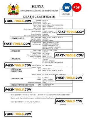 Kenya vital record death certificate Word and PDF template
