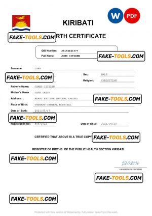 Kiribati birth certificate Word and PDF template, completely editable