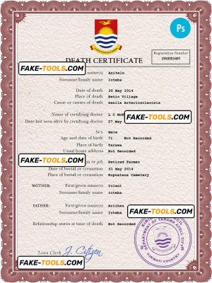 Kiribati death certificate PSD template, completely editable