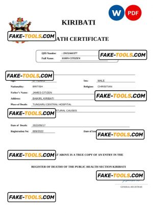 Kiribati vital record death certificate Word and PDF template