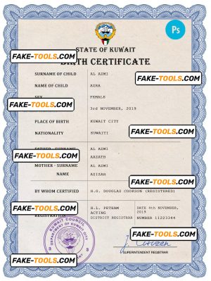 Kuwait vital record birth certificate PSD template, completely editable