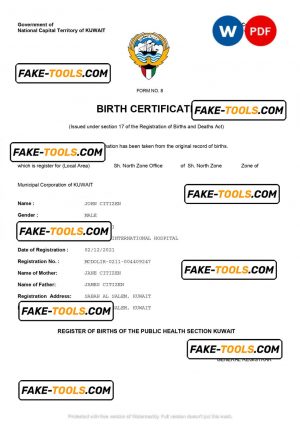 Kuwait vital record birth certificate Word and PDF template, completely editable