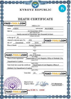 Kyrgyzstan death certificate PSD template, completely editable