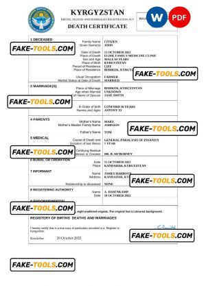 Kyrgyzstan death certificate Word and PDF template, completely editable
