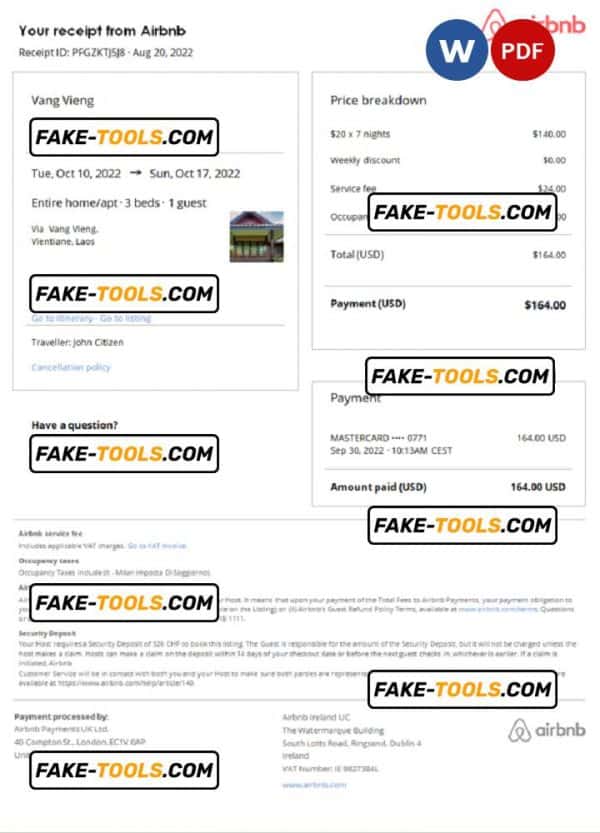 Laos Airbnb booking confirmation Word and PDF template