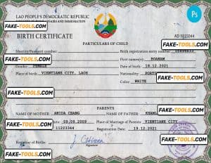 Laos birth certificate PSD template, completely editable