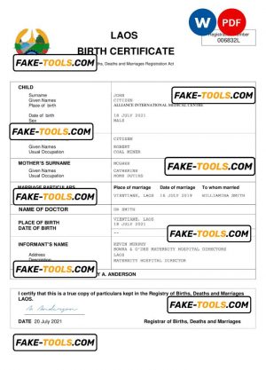 Laos birth certificate Word and PDF template, completely editable