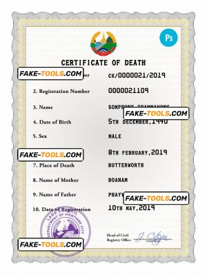 Laos vital record death certificate PSD template, fully editable