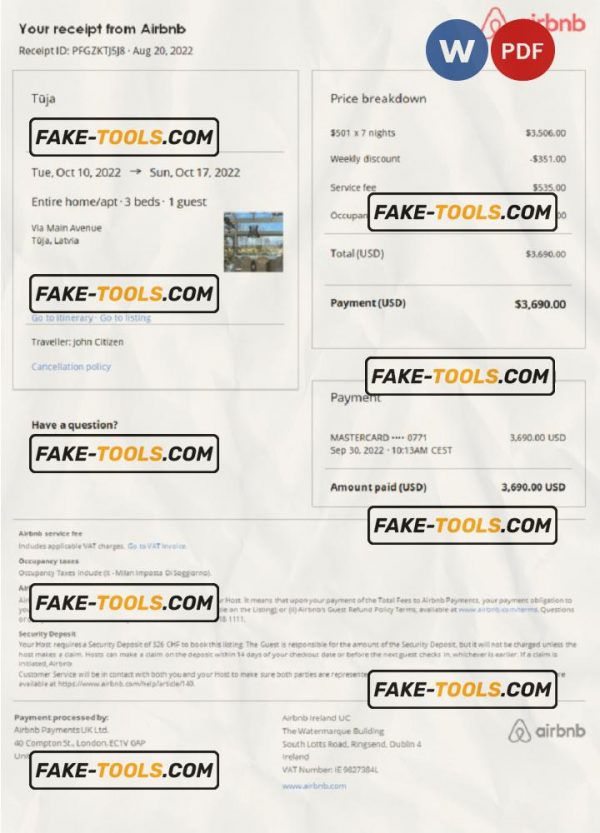 Latvia Airbnb booking confirmation Word and PDF template scan effect