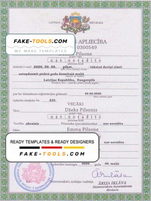 Latvia birth certificate template in PSD format, fully editable