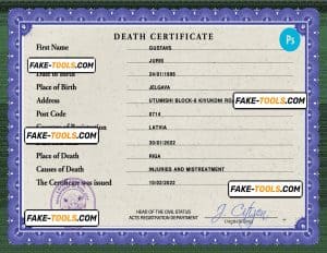 Latvia death certificate PSD template, completely editable