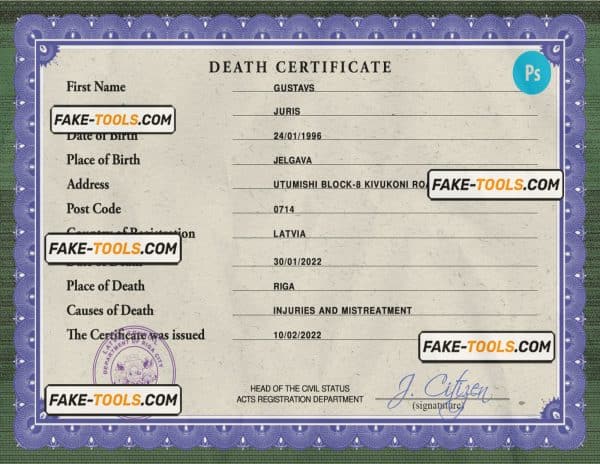 Latvia death certificate PSD template, completely editable