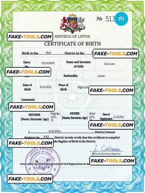 Latvia vital record birth certificate PSD template, fully editable
