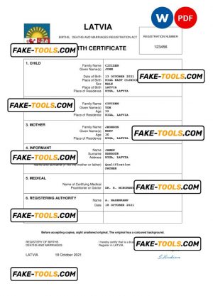 Latvia vital record birth certificate Word and PDF template, completely editable