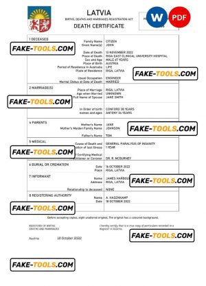 Latvia vital record death certificate Word and PDF template