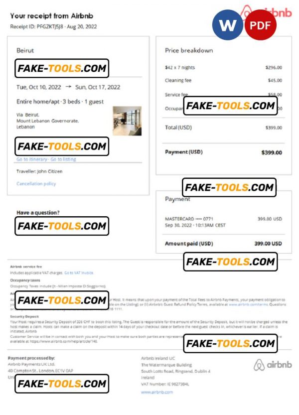 Lebanon Airbnb booking confirmation Word and PDF template