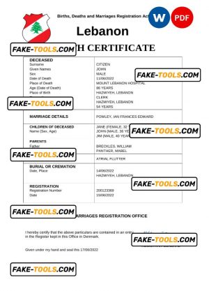 Lebanon death certificate Word and PDF template, completely editable