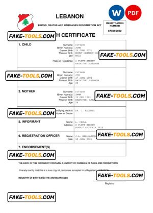 Lebanon vital record birth certificate Word and PDF template, completely editable