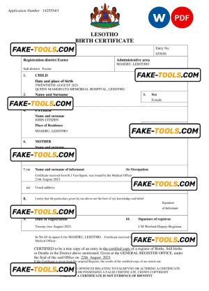 Lesotho birth certificate Word and PDF template, completely editable