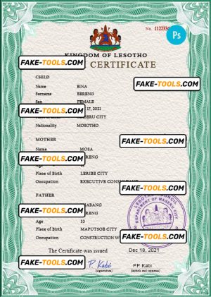 Lesotho vital record birth certificate PSD template