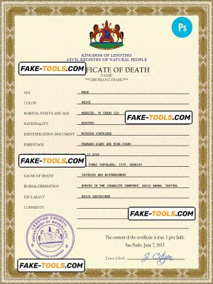 Lesotho vital record death certificate PSD template