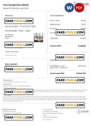 Liberia Airbnb booking confirmation Word and PDF template