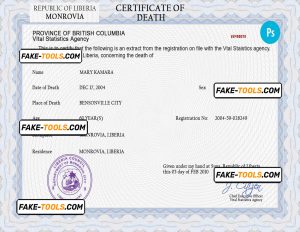 Liberia death certificate PSD template, completely editable