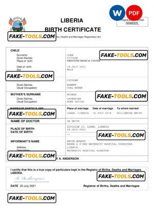 Liberia vital record birth certificate Word and PDF template, completely editable