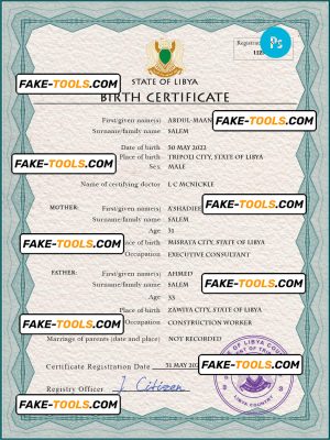 Libya birth certificate PSD template, completely editable