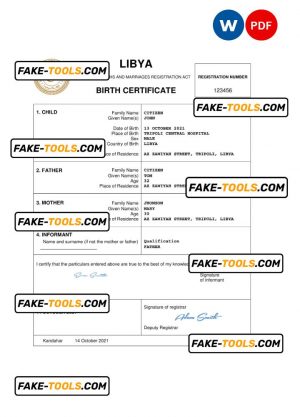 Libya birth certificate Word and PDF template, completely editable