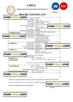 Libya death certificate Word and PDF template, completely editable