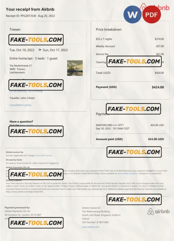 Liechtenstein Airbnb booking confirmation Word and PDF template scan effect