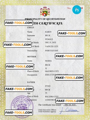 Liechtenstein vital record birth certificate PSD template, fully editable